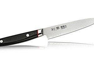 Японский универсальный кухонный нож Kanetsugu серии Saiun Damascus с многослойным дамасским клинком и рукоятью из красного дерева